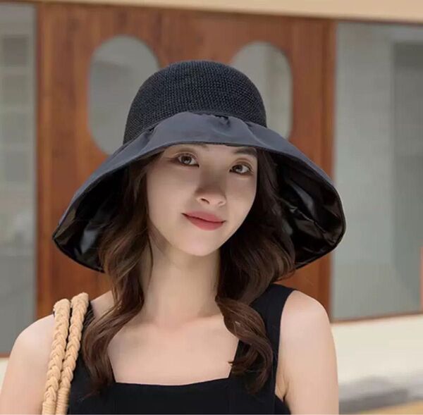 麦わら帽子 ハット 帽子 日焼け対策 UVカット つば広 黒 ブラック ベージュ リボン 可愛い おしゃれ 夏用 春夏 紐付き