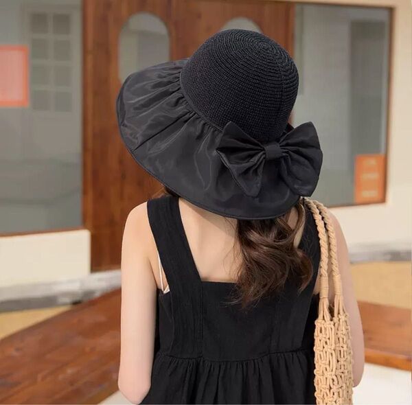 麦わら帽子 ハット 帽子 日焼け対策 UVカット つば広 黒 ブラック ベージュ リボン 可愛い おしゃれ 夏用 春夏 紐付き