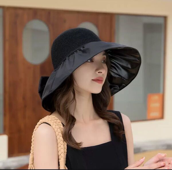 麦わら帽子 ハット 帽子 日焼け対策 UVカット つば広 黒 ブラック ベージュ リボン 可愛い おしゃれ 夏用 春夏 紐付き
