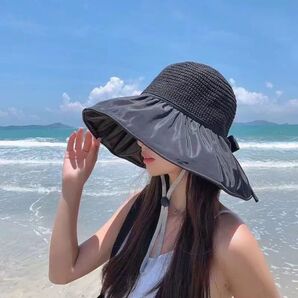 麦わら帽子 ハット 帽子 日焼け対策 UVカット つば広 黒 ブラック ベージュ リボン 可愛い おしゃれ 夏用 春夏 紐付き