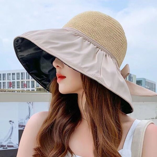 麦わら帽子 ハット 帽子 日焼け対策 UVカット つば広 黒 ブラック ベージュ リボン 可愛い おしゃれ 夏用 春夏 紐付き