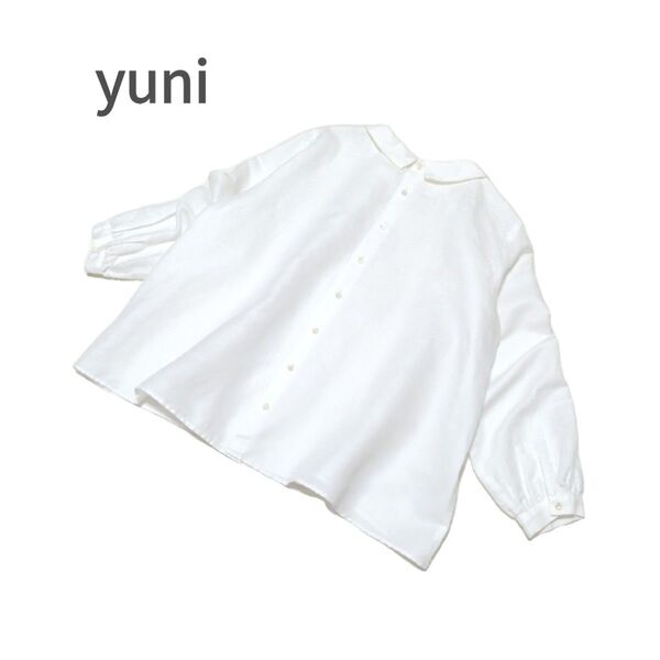 yuni ユニ バックボタンギャザーブラウス コットンリネン 綿麻 清涼感 白 シャツ