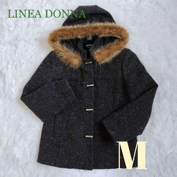 古着 LINEA DONNA ラナウール混 フード付き コート ダークグレー M 3