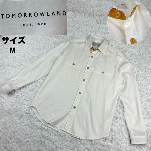 極美品 トゥモローランド 22SS ダブルポケットシャツ レザー 高級トリアセテート 白 M 大きいサイズ