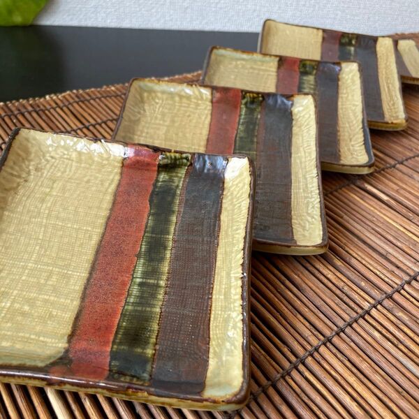 砥部焼 龍泉造 紅立筋 手描き銘々皿 5枚セット 角皿 料亭 和食器