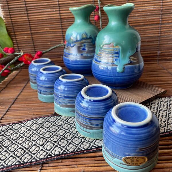 新品 青刷毛目 翡翠 釉薬酒器揃 徳利 お猪口 陶器 酒器セット