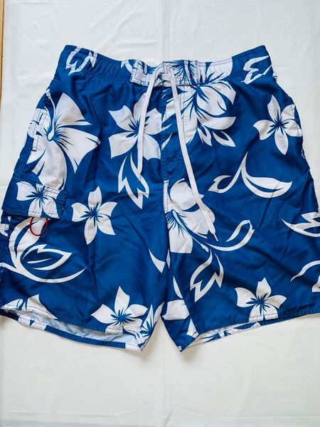 美品!NEWPORT BLUE ハイビスカス柄サーフパンツ 海パン 青×白 メンズL インナー付 水着