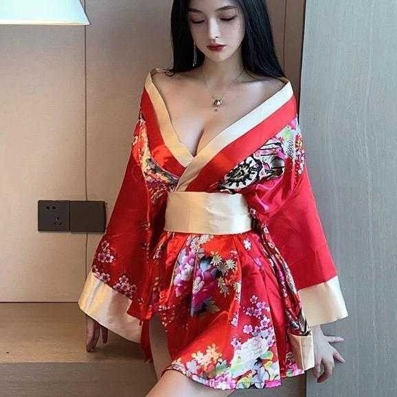 和柄 コスプレ プリント 着物 浴衣 セクシー 花魁 サテン 衣装 ランジェリー 着物ドレス シフォン コスチューム 帯付きドレス