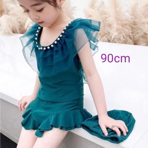 キッズ 子供ワンピース水着 女の子水着 可愛い おしゃれフリル りぼん パール付 プール 夏スイムキャップ付き 帽子付き2点セット