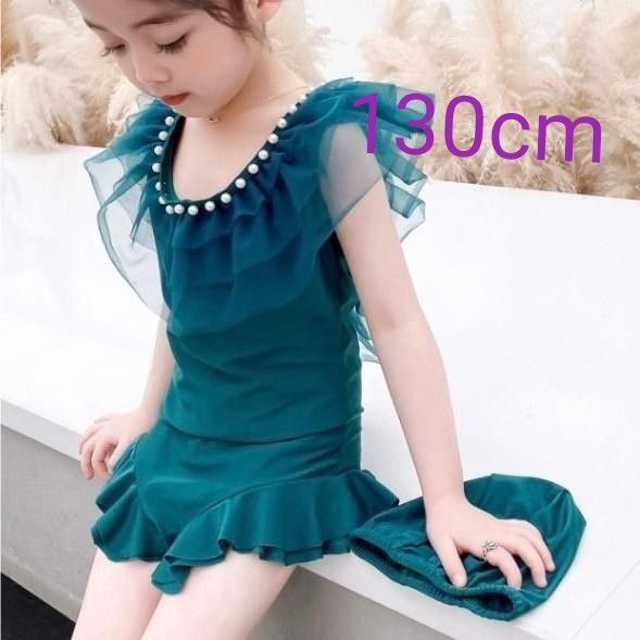 キッズ 子供ワンピース水着 女の子水着 可愛い おしゃれフリル りぼん パール付 プール 夏スイムキャップ付き 帽子付き2点セット