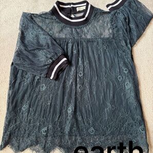 earth 総レース プルオーバー 緑 トップス 半袖