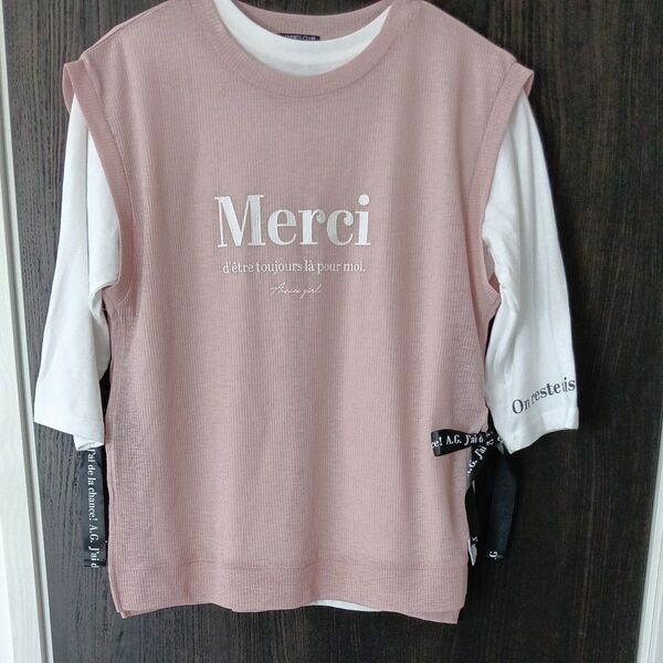 7分丈 カットソー Tシャツ ベスト 160 2枚セット ガールズ キッズ 女の子 ピンク 半袖 長袖