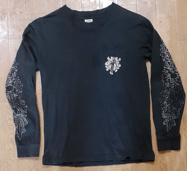 クロムハーツCHROME HEARTS胸ダガー袖フローラルバックホースシューバーロゴL/S -T US M BK ロンT