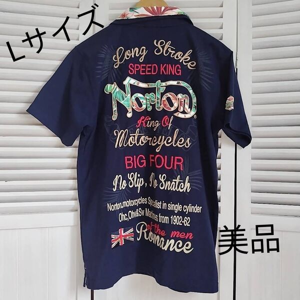 Norton 半袖ポロシャツ ネイビー Lサイズ 刺繍 美品 アロハ
