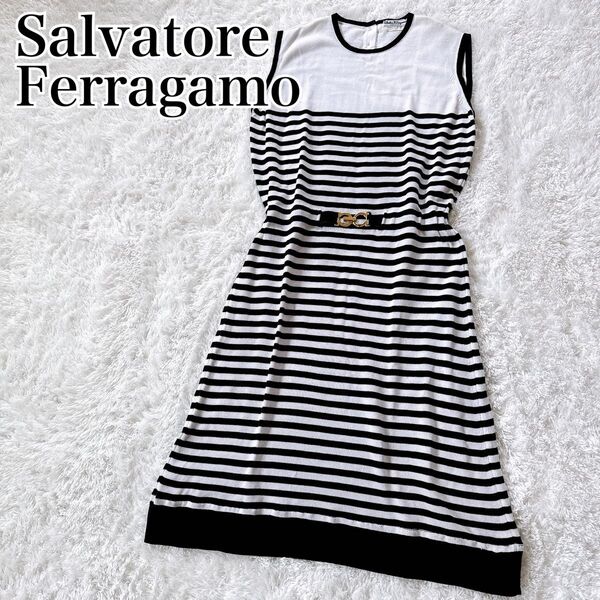 サルヴァトーレ フェラガモ Salvatore Ferragamo ノースリーブ ワンピース ニット ボーダー イタリア製