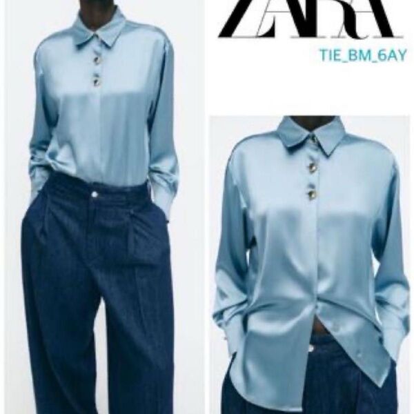 zara ゴールドボタン サテンシャツ サテン ブラウス 水色 ブルー