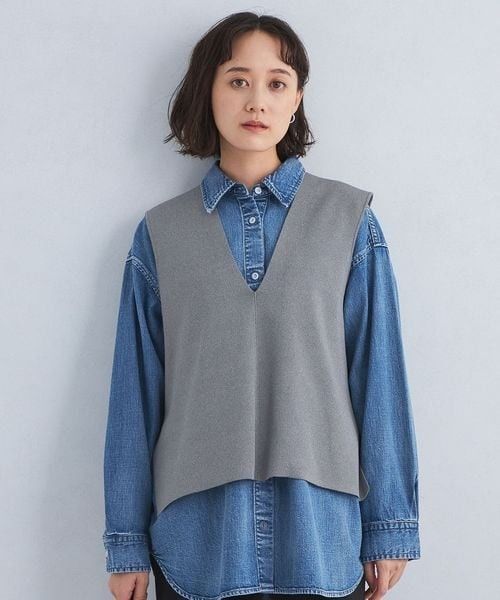 GREEN LABEL RELAXING ディープVネックニット Aラインベスト グレー Freeサイズ