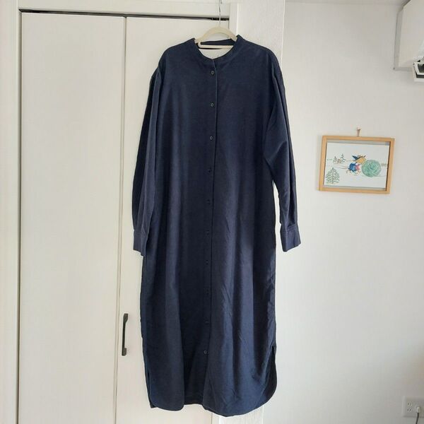 無印良品 両面起毛 フランネル スタンドカラーワンピース M ダークネイビー