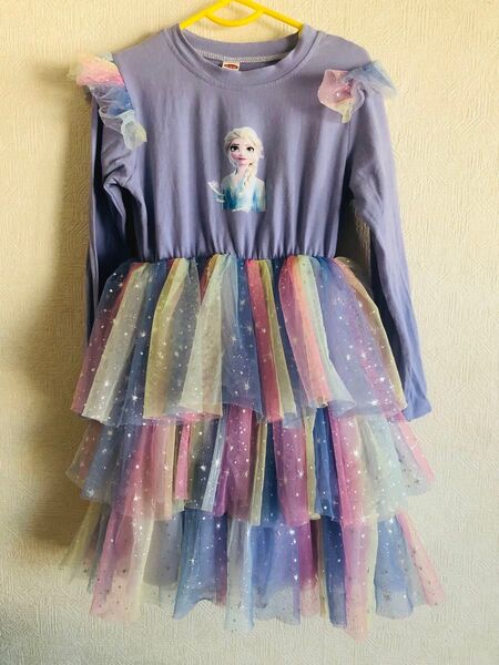 エルサ ワンピース 長袖 130cm レインボー フリル ロリータ キッズ かわいい 女の子