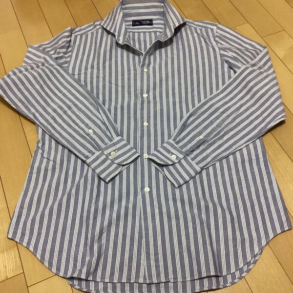 【used】鎌倉シャツ 41-89 長袖シャツ ストライプ 水色 オフィスシャツ スリムフィット 綿100