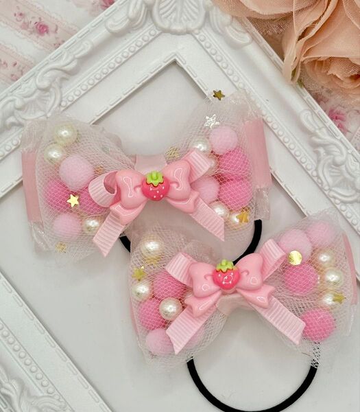 No.96 ハンドメイド ヘアゴム リボン キッズ いちご シャカシャカリボン ピンク ゆめかわ
