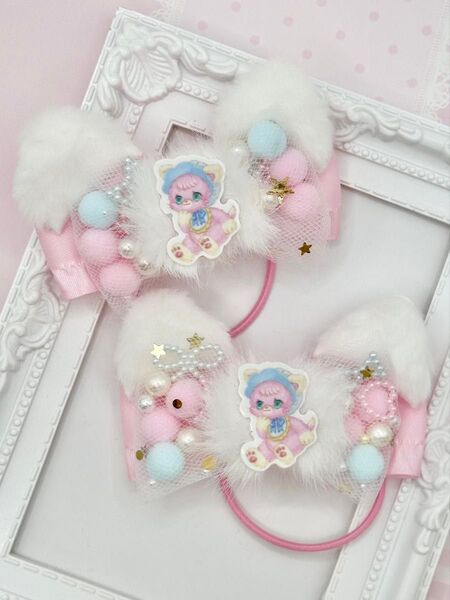 No.84 ハンドメイド ヘアゴム リボン キッズ ベビー ふわふわ パステルピンク シャカシャカリボン 猫耳 ayyjewel