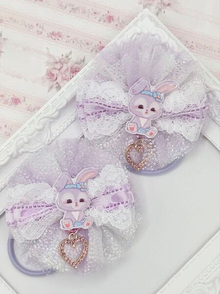 No.99 ハンドメイド ヘアゴム リボン キッズ パステルパープル チュールリボン ディズニー