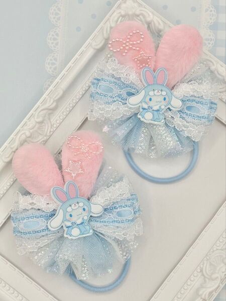 No.101 ハンドメイド ヘアゴム リボン キッズ 水色 シナモロール チュールリボン