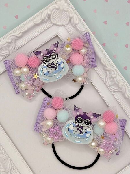 No.104 ハンドメイド ヘアゴム リボン キッズ クロミ 夏 シャカシャカリボン パステルパープル