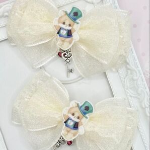 No.87 ハンドメイド ヘアゴム リボン キッズ ベビー ayy jewel くまちゃん ふわふわリボン トランプ