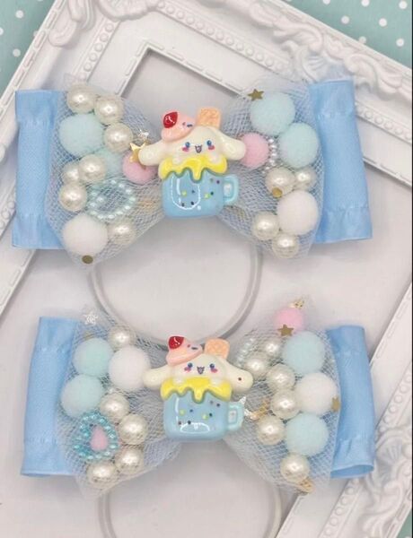 No.81 ハンドメイド ヘアゴム リボン キッズ ベビー シナモロール シャカシャカリボン パステルブルー アイス 夏