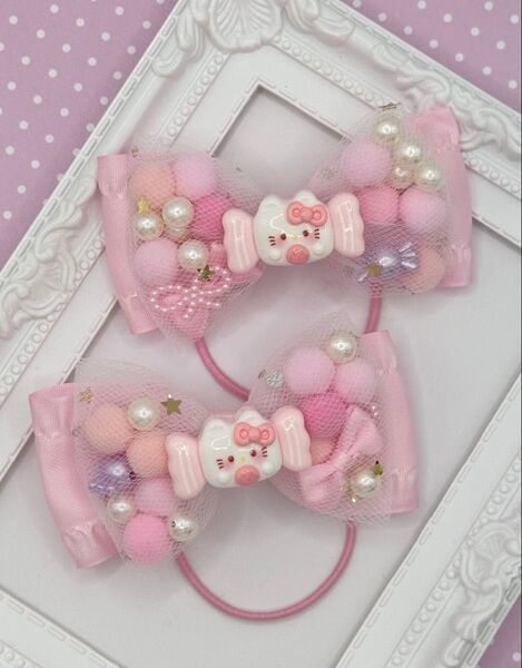 No.82 ハンドメイド ヘアゴム リボン キッズ ベビーハローキティ パステルピンク シャカシャカリボン キャンディー