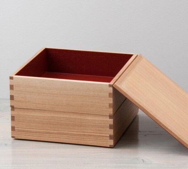 新品 松屋漆器店 白木塗り タモ製6.0寸二段重内朱 6寸 お重 重箱 越前漆器