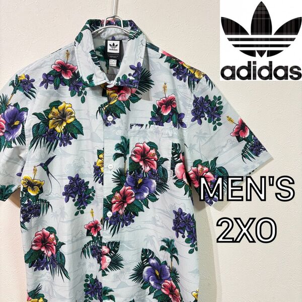 【adidas originals】美品アロハシャツ エアロテック メンズ2XO アディダスオリジナルス ライトブルー