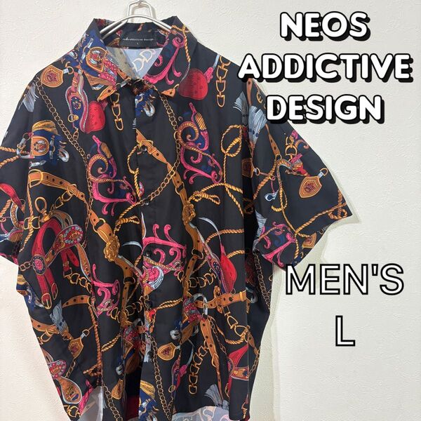 【neos addictive design】美品 総柄ポリシャツメンズL 黒スカーフデザイン 半袖シャツ