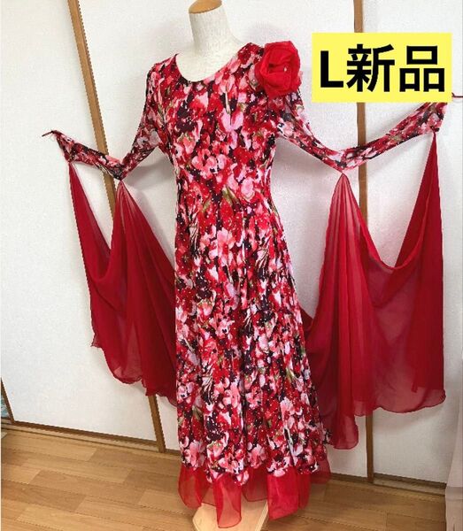 社交ダンスドレス 新品 L レッスンウェア ミニデモ パティー ダンス練習着 花柄ダンスドレス