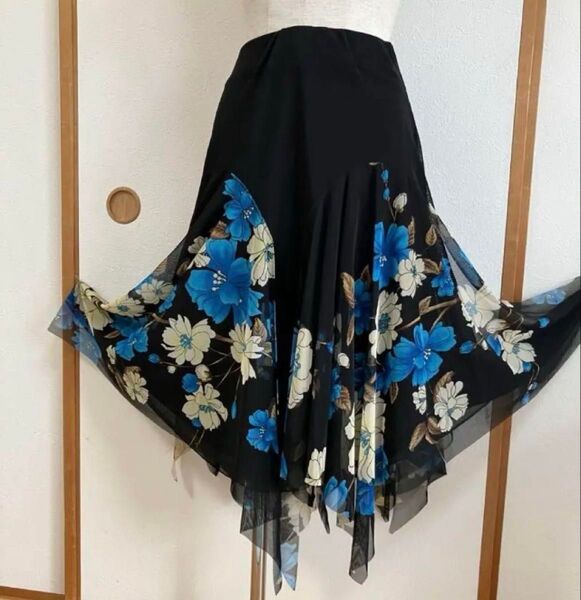 社交ダンス スカート ロングスカート 黒地青花柄シフォンフレアスカートM ~L