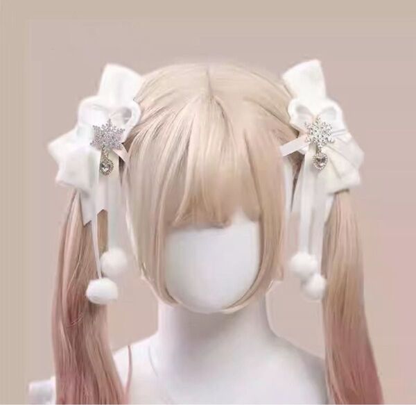 ヘアクリップ リボン ホワイト 白 ロリータ コスプレ ハート ヘアアクセ