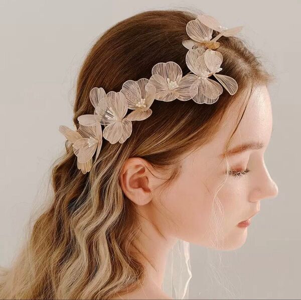 ヘッドドレス ゴールド 花 結婚式 ブライダル ヘアアクセサリー フォーマル 髪飾り 上品 おしゃれ