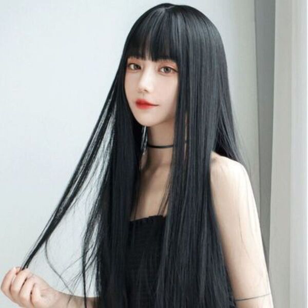 ウィッグ フルウィッグ 黒髪 ブラック 自然 ロング ストレート コスプレ パッツン前髪