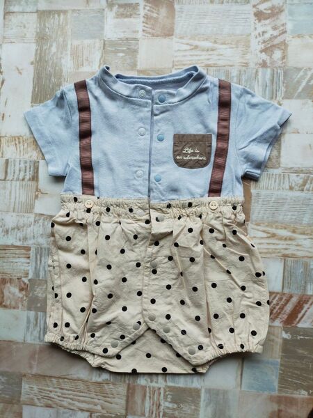 ベビー服 ロンパース 水色 ベージュ ドット柄