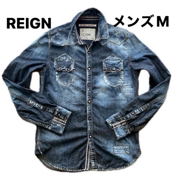【美品】イタリア製 REIGN ITALIA ヴィンテージ加工 デニム シャツ ペイント リペア メンズM ウエスタン クラッシュ