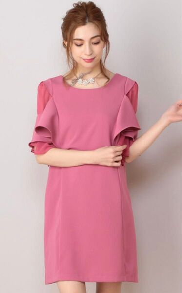 MIIA ミーア ピンク×シフォン切替 ラッフル袖ワンピース