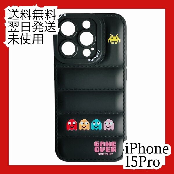 送料無料 iPhone 15 Pro ゲームデザイン 昭和レトロ ドット ソフトケース 黒 スマホカバー 未使用 スマホケース