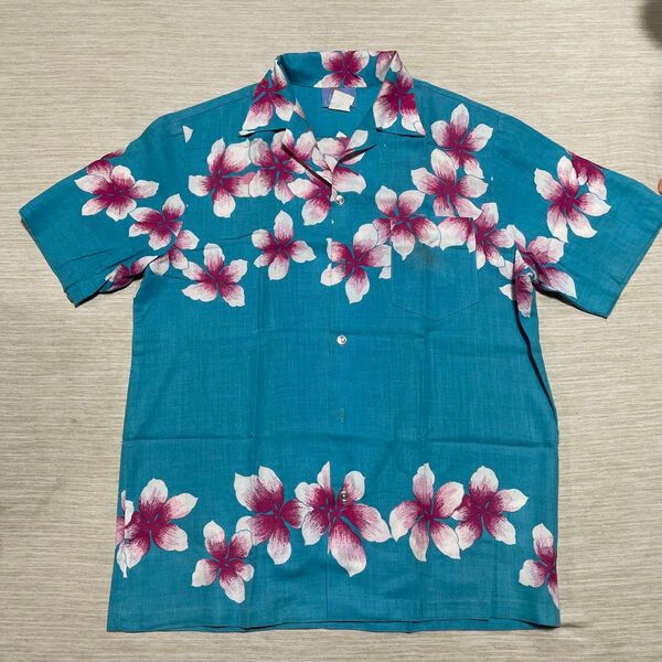 young hawaii made in USA アロハ シャツ 花柄 メンズ ボタニカル 花 M 半袖 ターコイズ