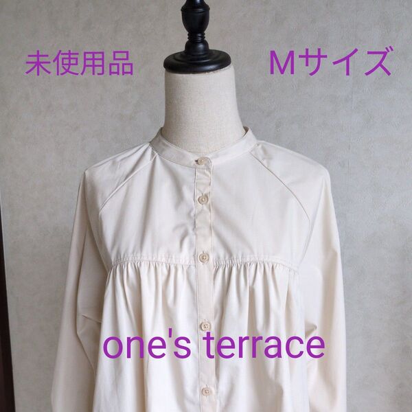 one's terrace ワンズテラス 長袖ブラウス バンドカラーシャツ チュニック丈 シャーリング