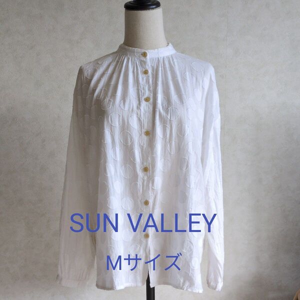 SUN VALLEY サンバレー 長袖ブラウス ドット柄 綿100% バンドカラー シャーリング
