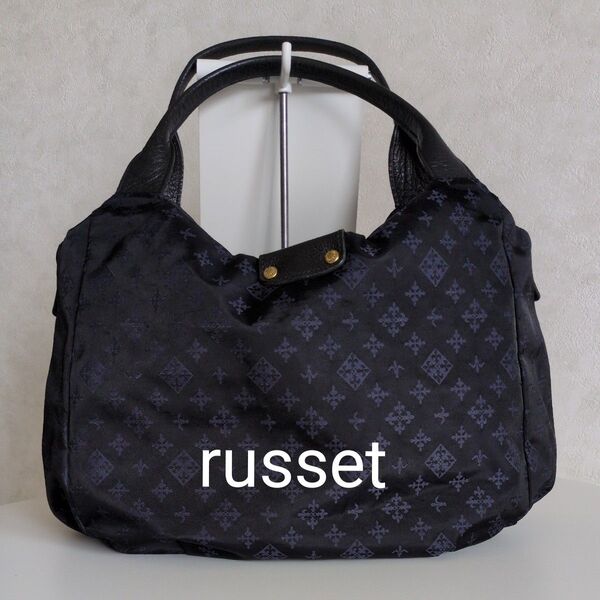 russet ラシット ハンドバッグ モノグラム レザーハンドル トートバッグ ネイビー ナイロン生地