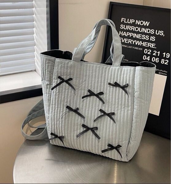 ヌビバッグ グレー ブルー マザーズバッグ リボン かわいい ショルダー トートバッグ 2way 韓国 ママ