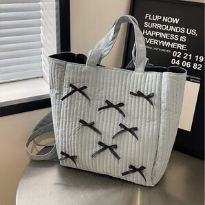 ヌビバッグ グレー ブルー マザーズバッグ リボン かわいい ショルダー トートバッグ 2way 韓国 ママ